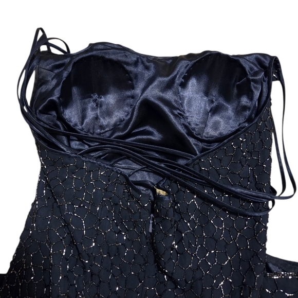 *rare* Scala Vintage Silk Sequin Formal Maxi Gown Dress Blue Spaghetti Sz Large - Picture 5 of 12